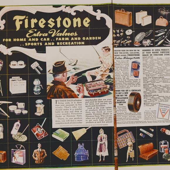 1942 Firestone 2-Page Vintage Print Ad‎ - Extra Values & Wartime Products - Picture 1 of 7